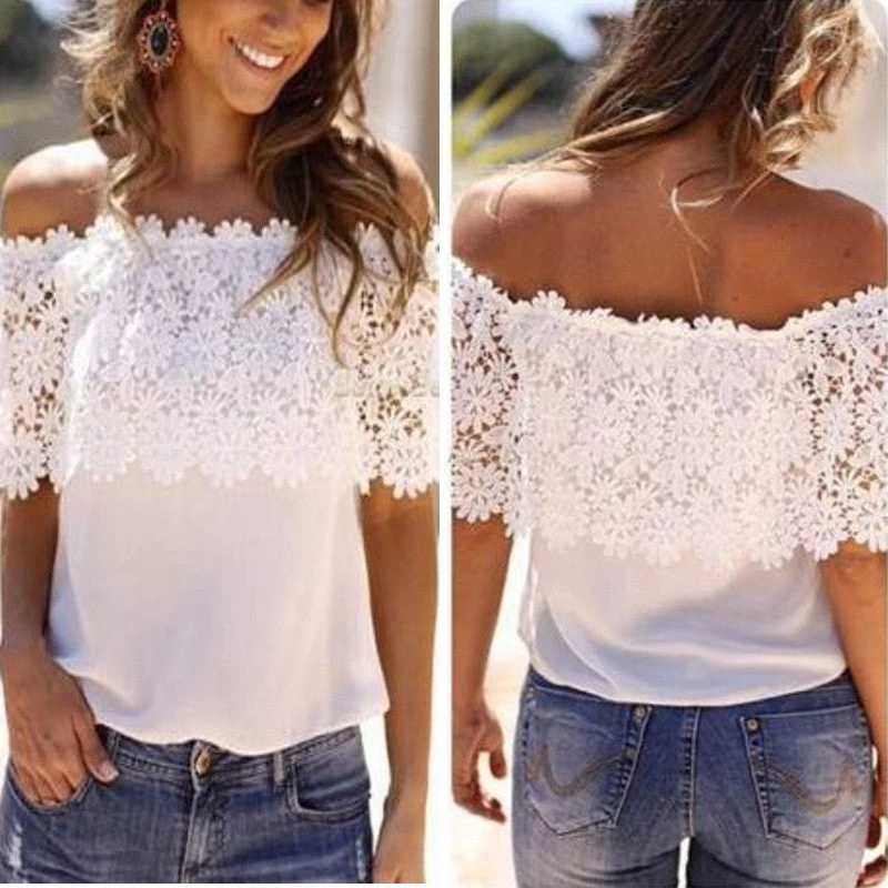 Summer Style Women Sexy Tops Casual Off Shoulder Blouse Chiffon Lace Floral Blouse Solid Shirts - Image 2