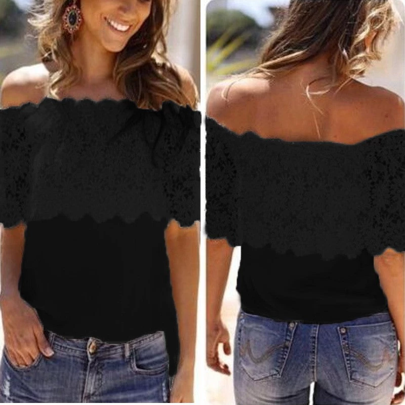 Summer Style Women Sexy Tops Casual Off Shoulder Blouse Chiffon Lace Floral Blouse Solid Shirts - Image 3