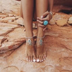 Boho Summer Style Multilayer Silver Chains Turquoise Beads Anklet Foot Natural Stone Flower Vintage Jewelry Bracelet Accessories