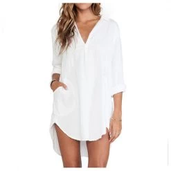 Sexy Women Sheer White Shirts Dress Long Sleeve Pocket Casual Blouse Tops Plus Size XS-6XL