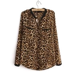 Women Blouse Leopard Print Shirt Long Sleeve V -Neck Top Loose Blouses Plus Size Chiffon Shirt Camisa Feminina Clothing