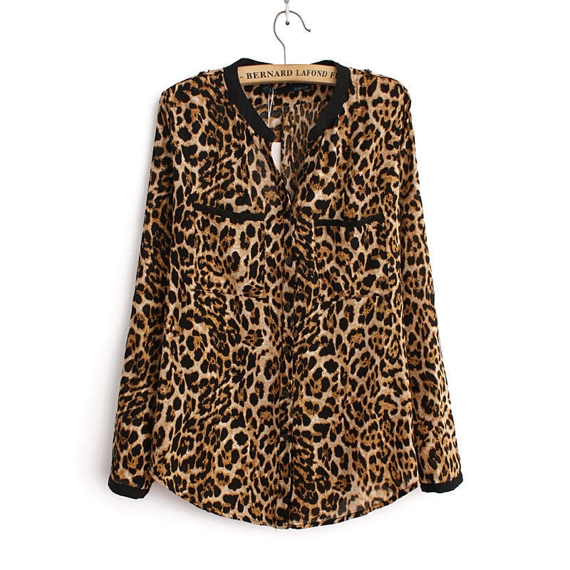 Women Blouse Leopard Print Shirt Long Sleeve V -Neck Top Loose Blouses Plus Size Chiffon Shirt Camisa Feminina Clothing