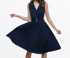 Sisjuly 50s 60s Women Vintage Dresses Summer Elegant Dress Sleeveless Party Dresses Dark Blue Style A Line Rockabilly Dress