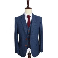 Wool Blue Herringbone Retro Gentleman Style Custom Made Men's Suits Tailor Suit Blazer Suits For Men 3 Piece (Jacket+Pants+Vest)
