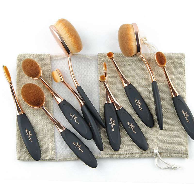 Rose Gold 10 Pcs/5 Pcs Tooth Brush Shape Oval Makeup Brush Set MULTIPURPOSE Professional Foundation Powder Brush Kit With Bag - Image 6