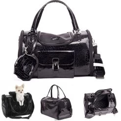 Luxury Black Chihuahua Leather Dog Carriers For Small Dogs Cats Pet Travelling Bags Pet Travel Carriers Dog Slings Handbags