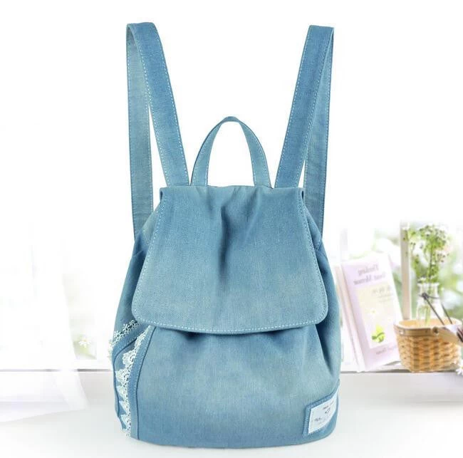Women Backpacks Female Jeans Lace Shoulder Retro Bag Denim Satchel Women's Bag Canvas School Bag Rucksack - Image 2